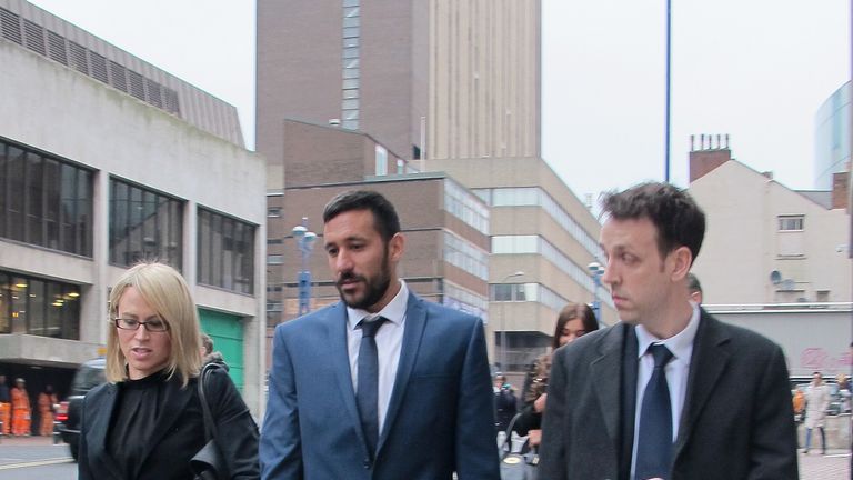 Jonas Gutierrez arrives at his employment tribunal in Birmingham,