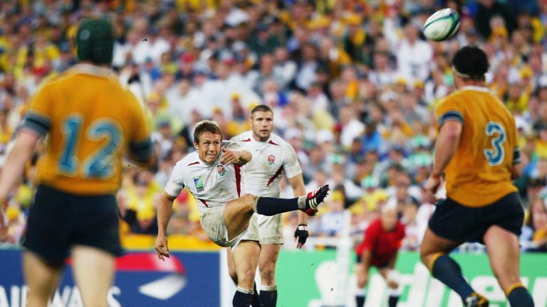 Jonny Wilkinson kicks the winning drop goal to give England victory in extra time against Australia in 2003
