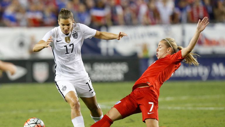 England midfielder Jordan Nobbs tackles USA's Tobin Heath during the SheBelieves Cup match on March 3, 2016 at Raymond James Stadium in Tampa.