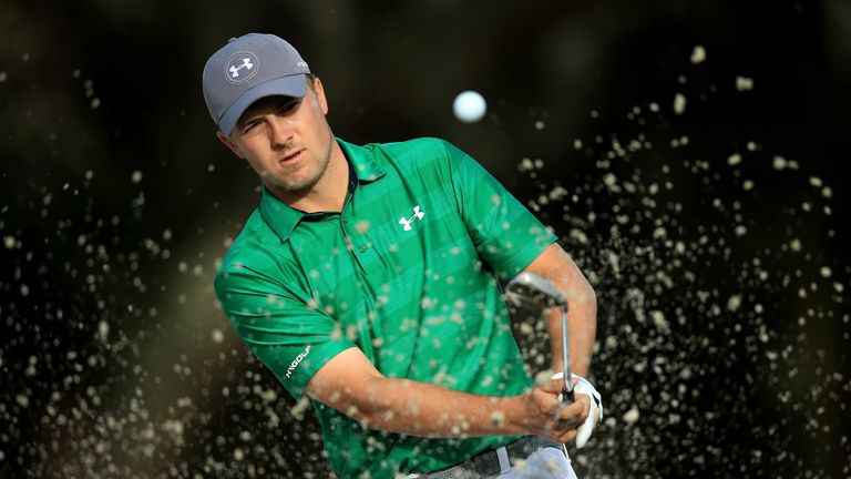 Jordan Spieth hits out of a bunker on the tenth hole during the first round of the Valspar Championship