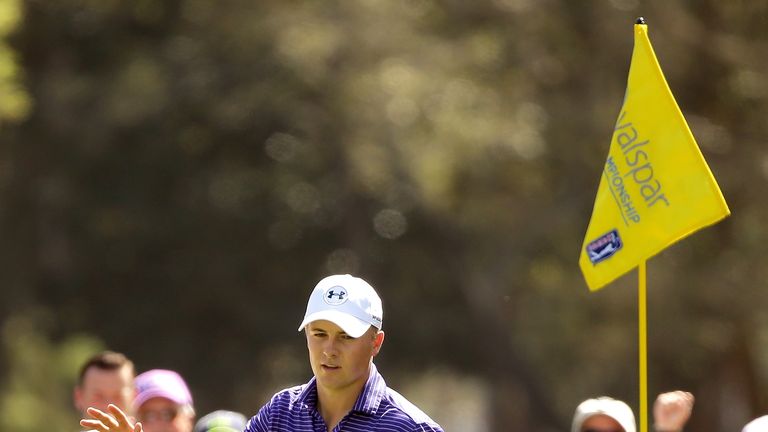 PALM HARBOR, FL - MARCH 11:  Jordan Spieth reacts after chipping in for birdie on the fifth green during the second round of the Valspar Championship