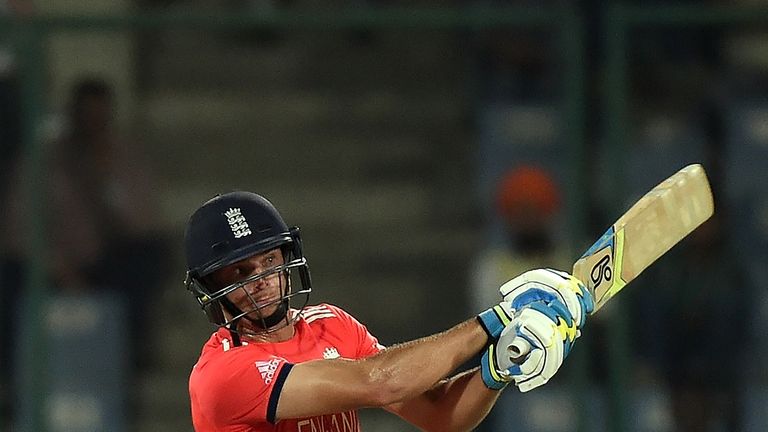 England's Jos Buttler plays a shot during the World T20 cricket tournament match between England and Sri Lanka