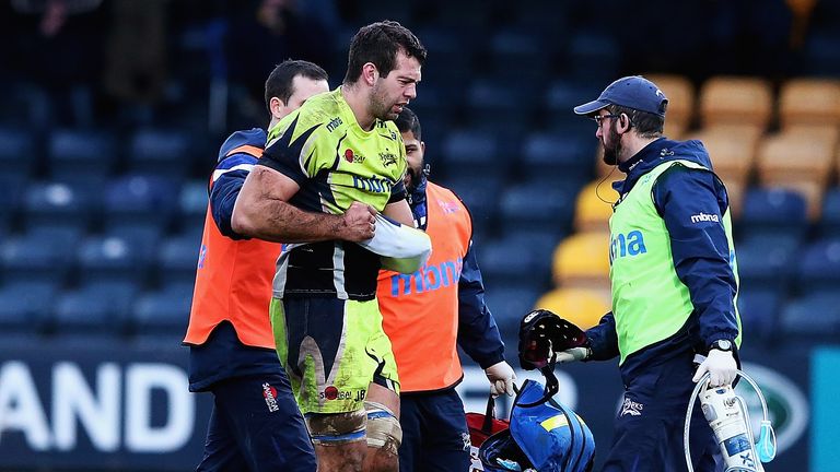 Josh Beaumont of Sale Sharks goes off injured at the end of the match against Worcester Warriors