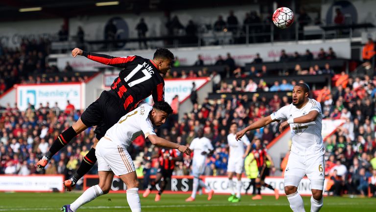 Joshua King heads towards goal during the Premier League clash between Bournemouth and Swansea