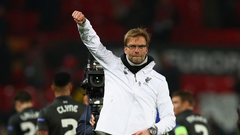 MANCHESTER, ENGLAND - MARCH 17:  Jurgen Klopp, manager of Liverpool celebrates a 3-1 aggregate victory after the UEFA Europa League round of 16 second leg 
