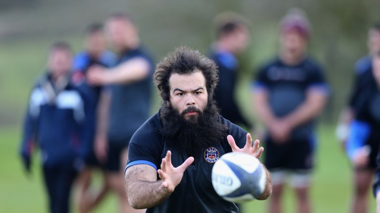 Kane Palma-Newport catches the ball during the Bath training session held at Farleigh House on March 31, 2015 in Bath, England. 