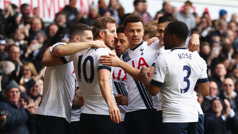 Harry Kane celebrates with team-mates after putting Tottenham 1-0 up against Bournemouth