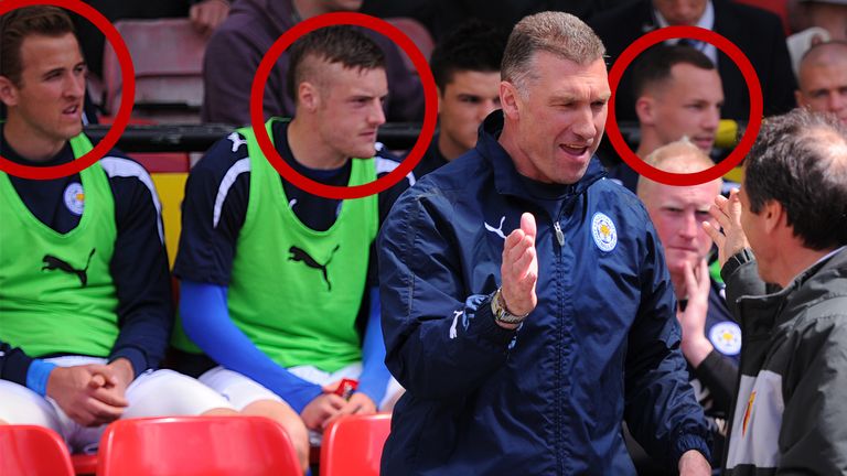 Harry Kane (left), Jamie Vardy (second from left) and Danny Drinkwater (second from right) on the Leicester City bench in May 2013.