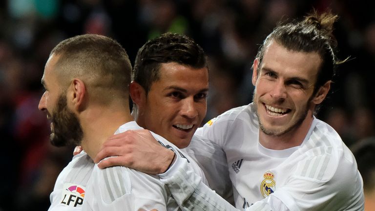 Real Madrid's Karim Benzema, Cristiano Ronaldo and Gareth Bale celebrate v Sevilla