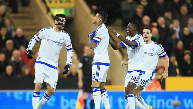 Kenedy (second left) of Chelsea celebrates scoring his team's first goal against Norwich with his team-mates 