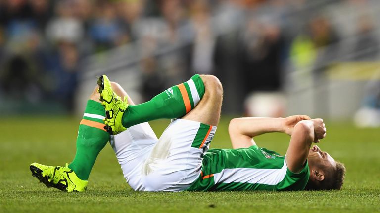 DUBLIN, IRELAND - MARCH 25: Kevin Doyle of Republic of Ireland lies on the ground injured during the International Friendly match between Republic of Irela