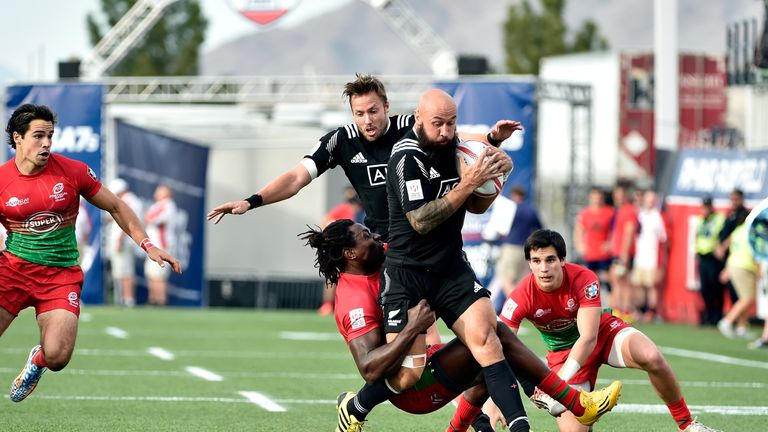 DJ Forbes of New Zealand carries the ball against Portugal during the Las Vegas Sevens