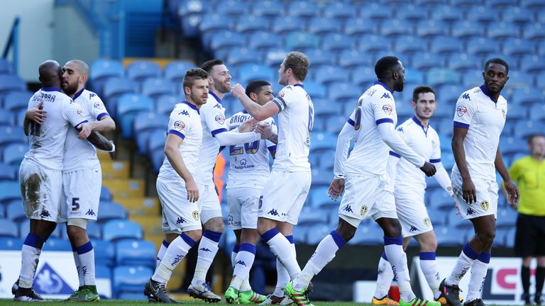 Leeds United celebrate after scoring the opening goal against Bolton.