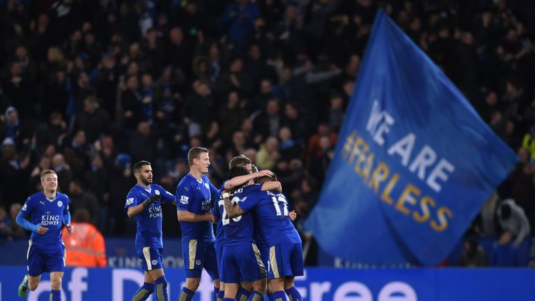 LEICESTER, ENGLAND - MARCH 01: Leicester City players celebrate their team's first goal during the Barclays Premier League match between Leicester City and
