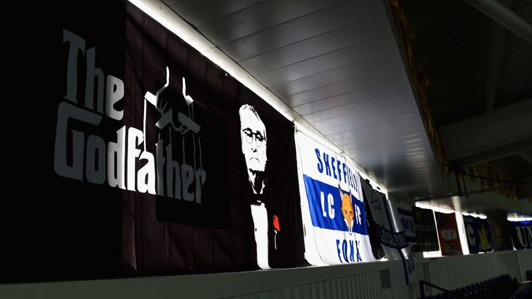  A flag to show support to Claudio Ranieri is hung prior to the Barclays Premier League match between Leicester City and 