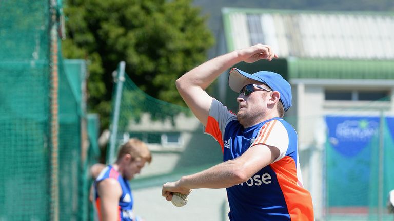 Liam Dawson of England bowls during a net session 