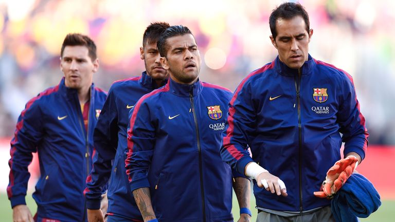 BARCELONA, SPAIN - SEPTEMBER 27:  (L-R) Lionel Messi, Neymar, Dani Alves and Claudio Bravo of FC Barcelona look on during the La Liga match between FC Barc