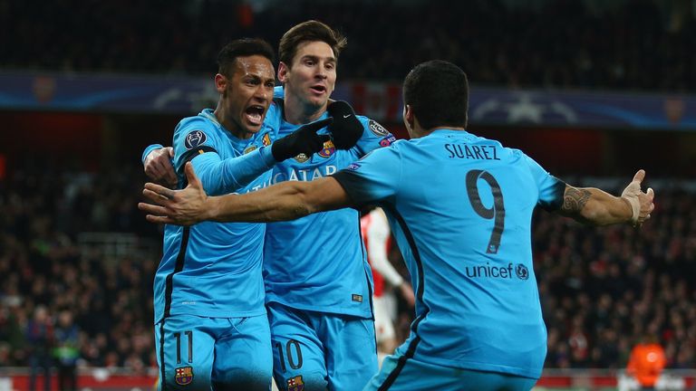 Lionel Messi of Barcelona celebrates with team-mates