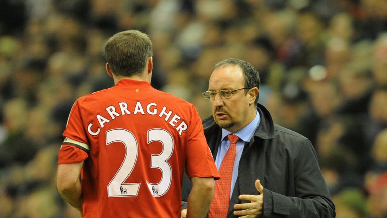 LIVERPOOL, ENGLAND - JANUARY 20:  Liverpool Manager Rafael Benitez issues instructions to Jamie Carragher during the Barclays Premier League match between 
