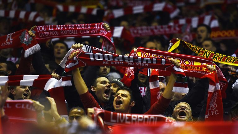 LIVERPOOL, ENGLAND - MARCH 10:  Liverpool fans show their support prior to the UEFA Europa League Round of 16 first leg match between Liverpool and Manches