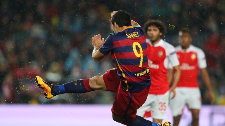 Luis Suarez of Barcelona scores his team's second goal during the UEFA Champions League round of 16, second Leg match v Arsenal