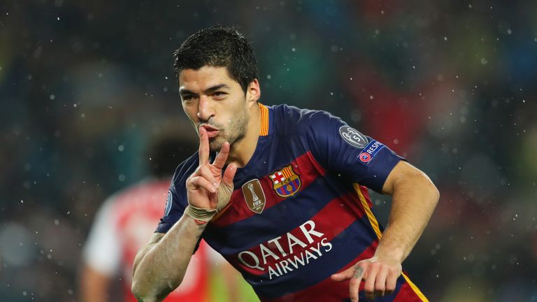 Luis Suarez of Barcelona celebrates scoring his team's second goal 