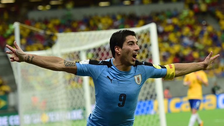 Uruguay's Luis Suarez celebrates after scoring against Brazil