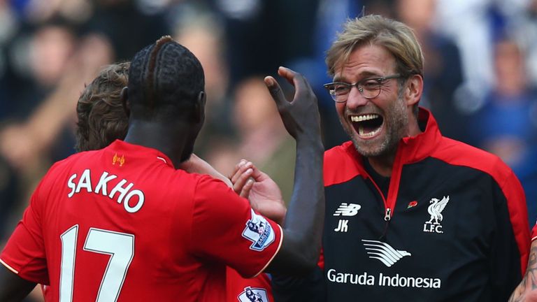 Jurgen Klopp (R) celebrates with Mamadou Sakho (L) after Liverpool's win over Chelsea
