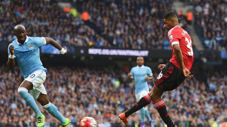 Marcus Rashford opens the scoring for Manchester United at the Etihad