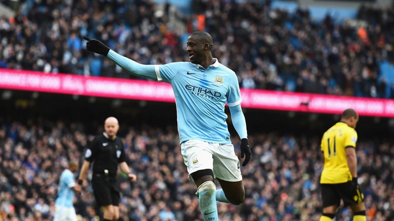 Yaya Toure of Manchester City celebrates scoring his team's first goal