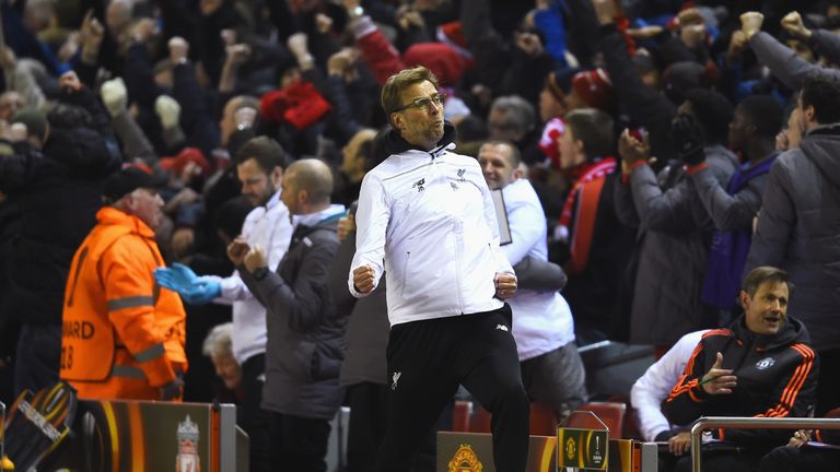Jurgen Klopp celebrates after Liverpool's second goal against Man United
