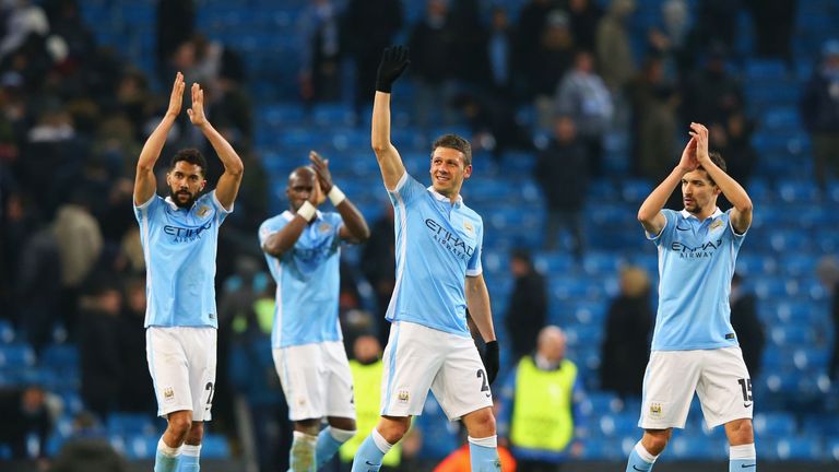 Manchester City players celebrate after sealing a 3-1 aggregate win over Dynamo Kiev
