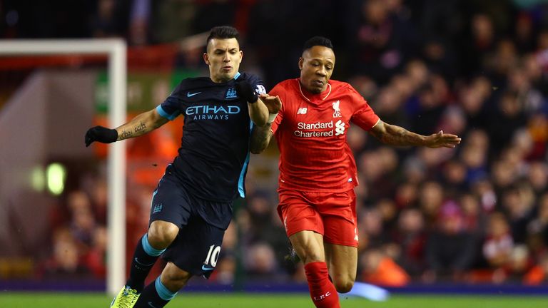 Manchester City's Sergio Aguero challenges Liverpool's Nathaniel Clyne