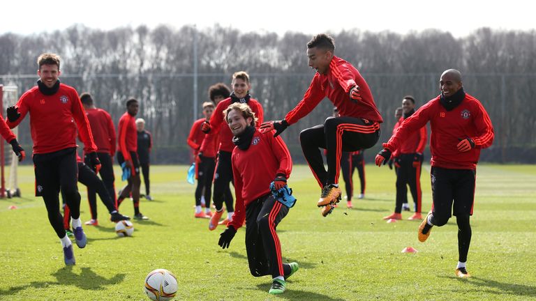 Manchester United training (left-to-right) - Michael Carrick, Daley Blind, Jesse Lingard, Ashley Young - ahead of Europa League game with Liverpool