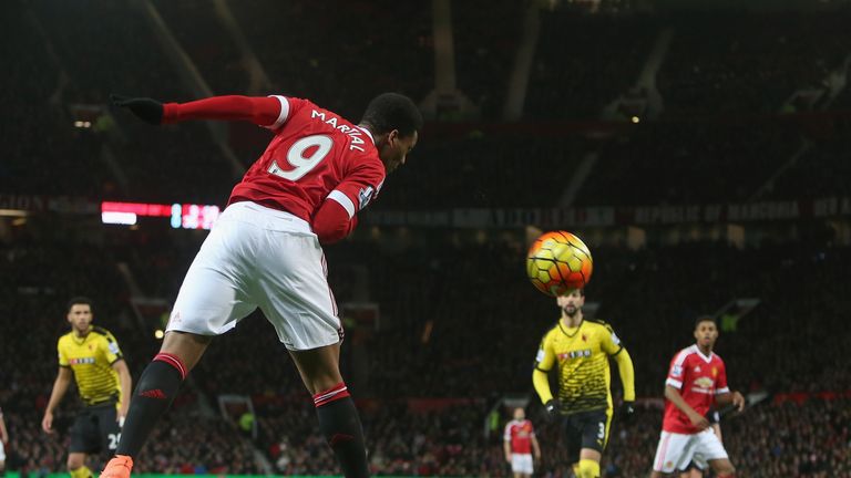 Manchester United's Anthony Martial has a header on goal against Watford