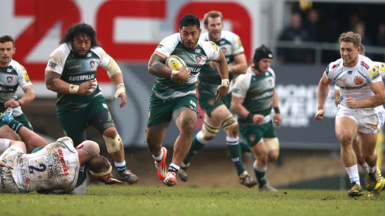 Manu Tuilagi breaks with the ball for Leicester during their match against Exeter Chiefs