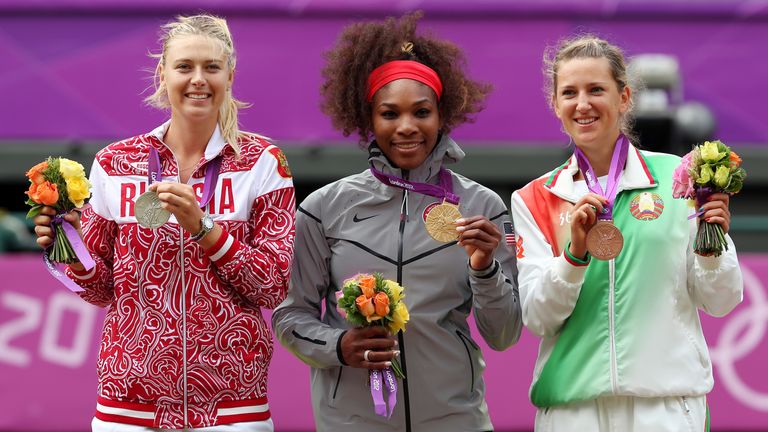 Silver medalist Maria Sharapova, gold medalist Serena Williams and bronze medalist Victoria Azarenka