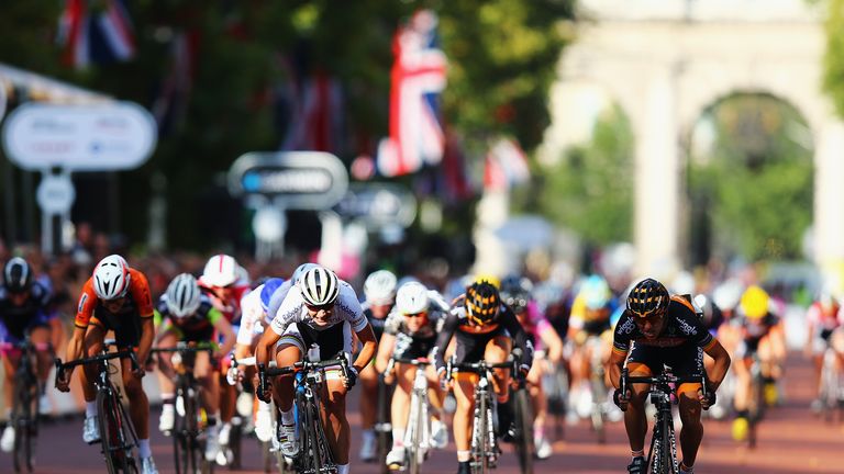 Marianne Vos of The Netherlands and the Rabo-Liv team sprint for the finish line during the Prudential RideLondon Grand Prix in 2014