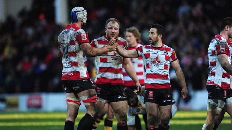 Gloucester's Mariano Galarza (left) and Greig Laidlaw (right) celebrate at the final whistle 