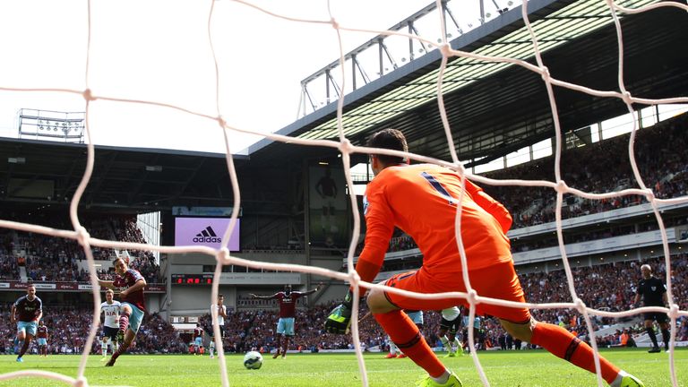 Mark Noble missed with this penalty attempt for West Ham against Tottenham in 2014