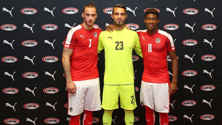 Marko Arnautovic (L), Ramazan Ozcan (C) and David Alaba (R) all modelling the latest Austria kit.