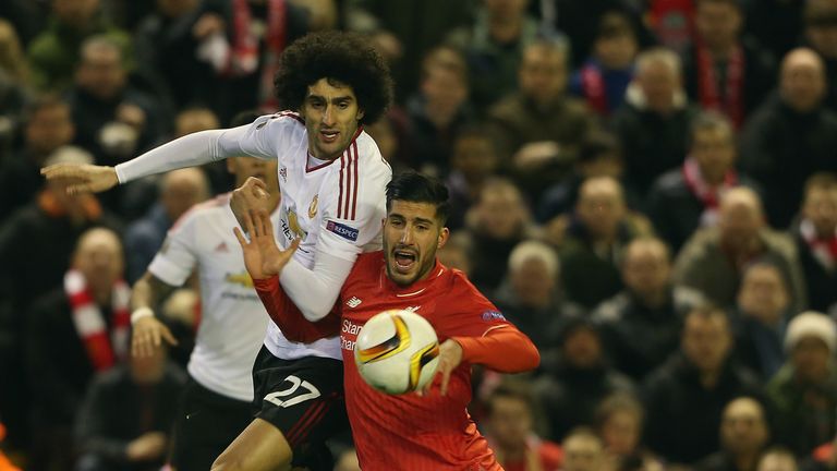 LIVERPOOL, ENGLAND - MARCH 10:  Marouane Fellaini of Manchester United in action with Emre Can of Liverpool 