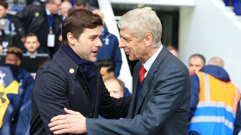 Tottenham Hotspur manager Mauricio Pochettino shakes hands with Arsenal manager Arsene Wenger 