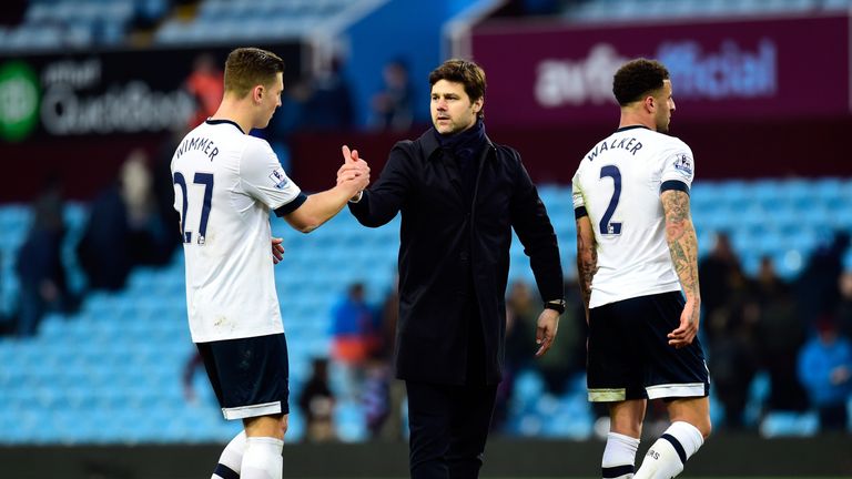 Mauricio Pochettino and Kevin Wimmer shake hands after victory in the Premier League match between Aston Villa and Tottenham Hotspur at Villa Park