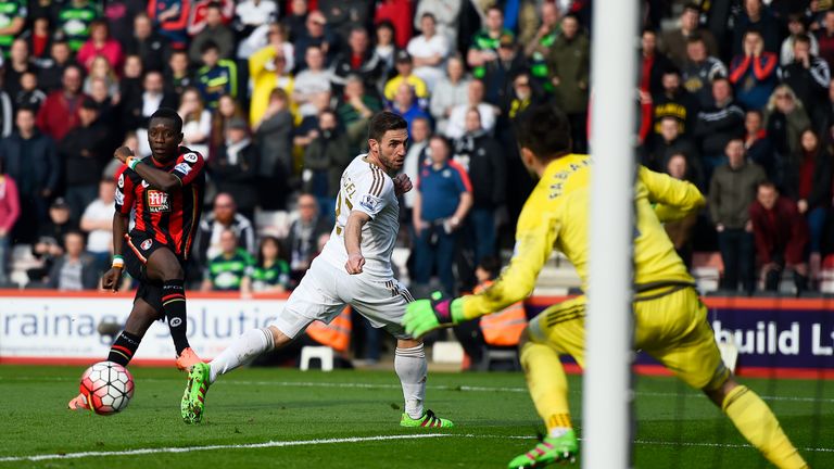 Max Gradel (1st L) of Bournemouth scores his team's first goal past Lukasz Fabianski of Swansea City