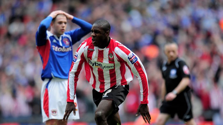 LONDON, ENGLAND - MARCH 28:  Michail Antonio of Southampton celebrates after scoring during the Johnstone's Paint Trophy Final between Southampton and Carl