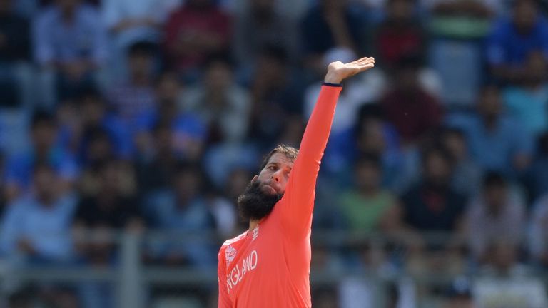 Moeen Ali of England bowls during the ICC Twenty20 World Cup warm up match between New Zealand and England at Wankhede Stadium