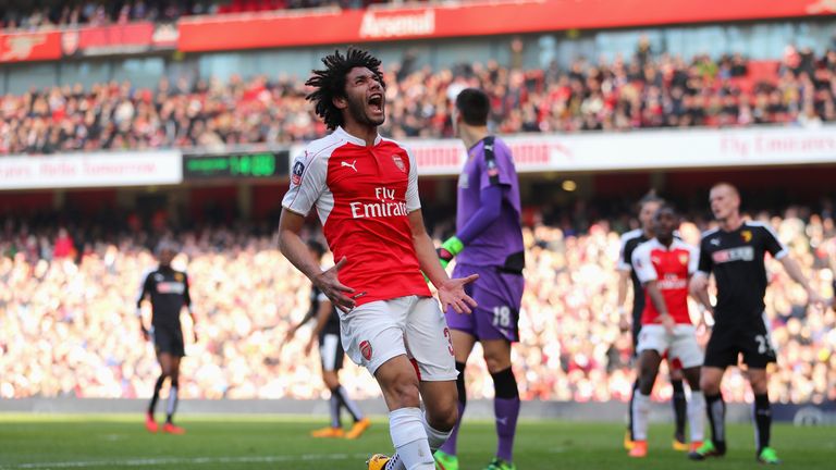 LONDON, ENGLAND - MARCH 13:  Mohamed Elneny of Arsenal reacts during the Emirates FA Cup sixth round match between Arsenal and Watford at Emirates Stadium 