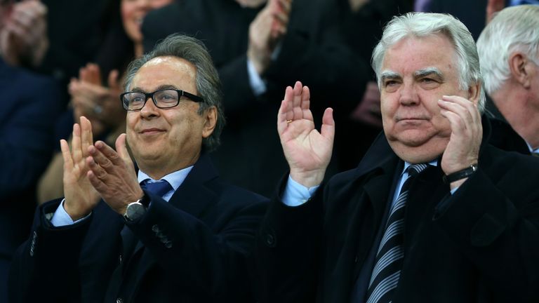  Everton major investor Farhad Moshiri (L) and chairman Bill Kenwright (R) seen on the stand prior to the Em