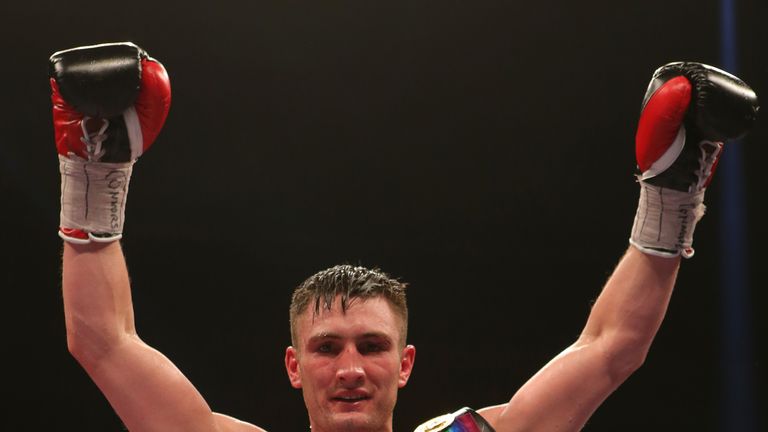 Tommy Langford celebrates winning the WBO Intercontinental and Commonwealth Middleweight bout 